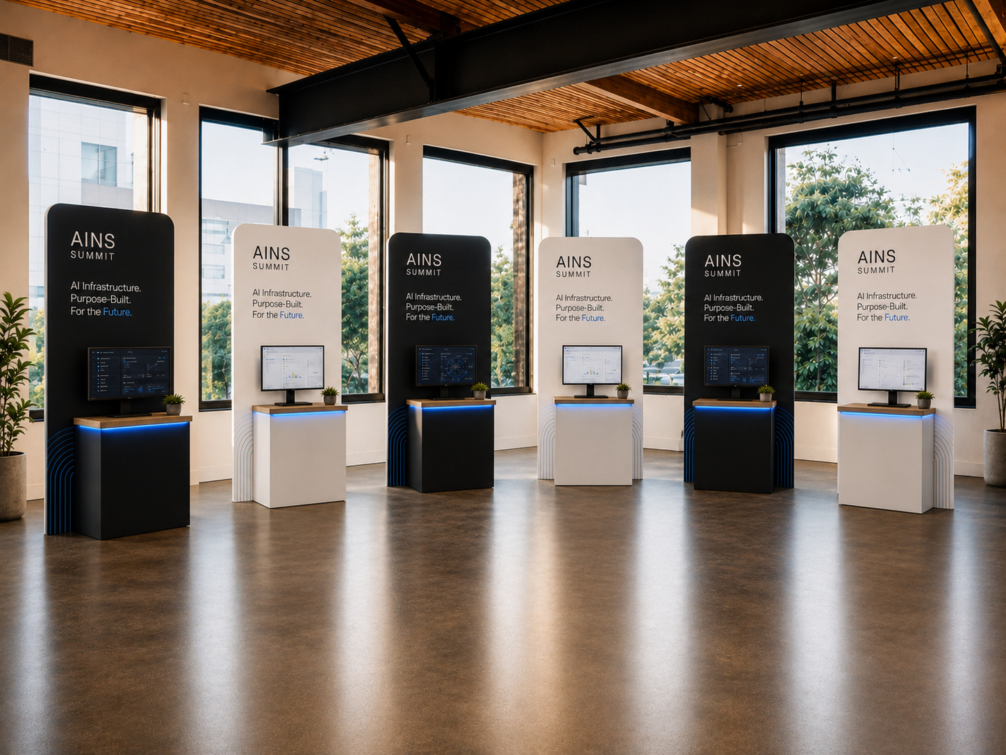 AINS Summit discovery stations with branded panels and screens in a daylit room